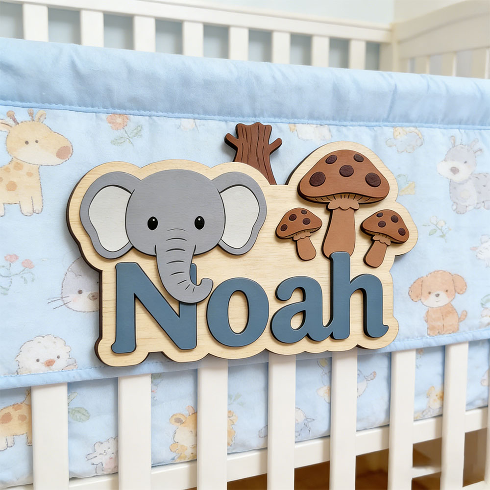 Baby Nursery Themes Girl - Aanpasbare cartoon olifant & paddenstoel naamplaatje