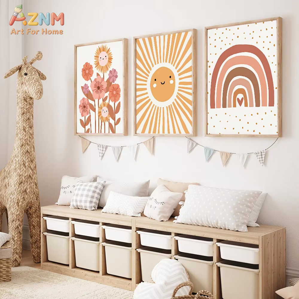 Baby Nursery Neutral - AZNM Boho neutrale zonbloem regenboog canvas