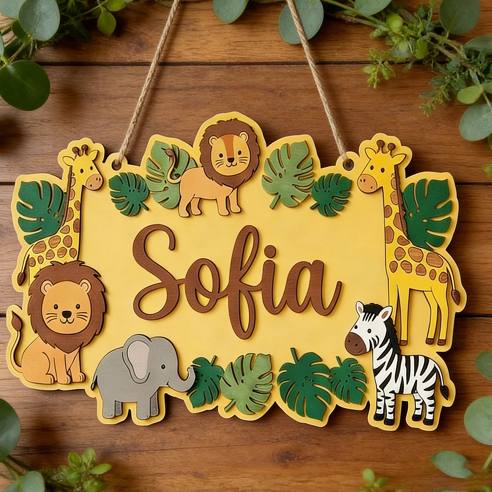 Baby Nursery Yellow - Gepersonaliseerd Safari-naambord, schattig geel jungle houten