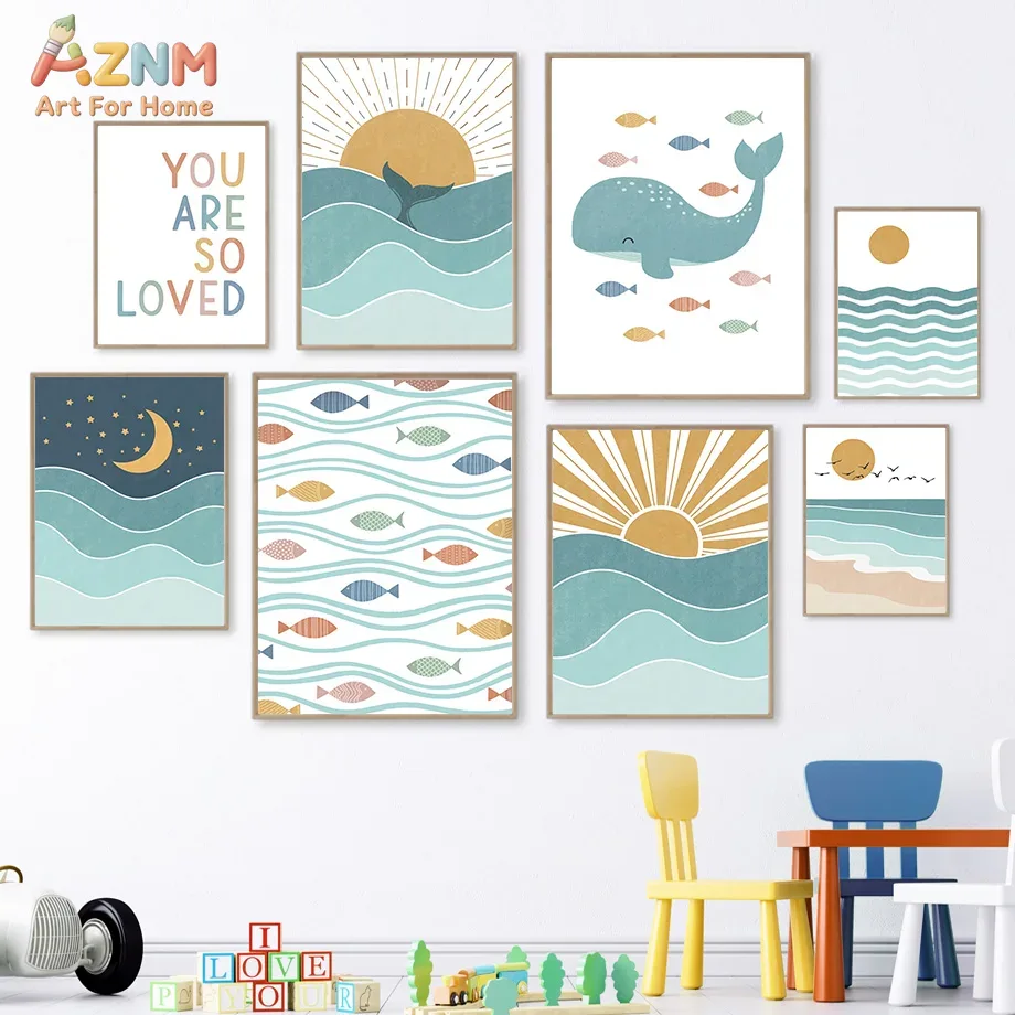 Baby Nursery Neutral - AZNM Boho Oceaan Canvas Wanddecoratie Schattige