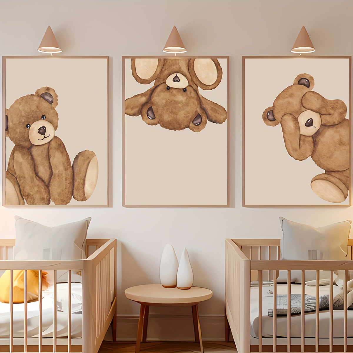 Baby Nursery Neutral - 3-delige waterverf bruine teddybeer canvas wandkunst,