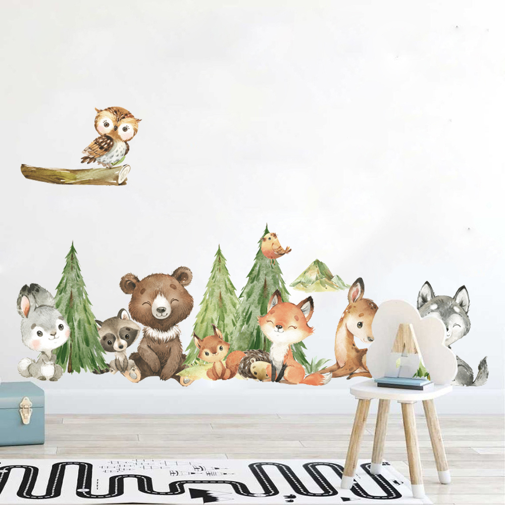 Baby Nursery Panelling - Cartoon aquarel bos dier muursticker kinderkamer