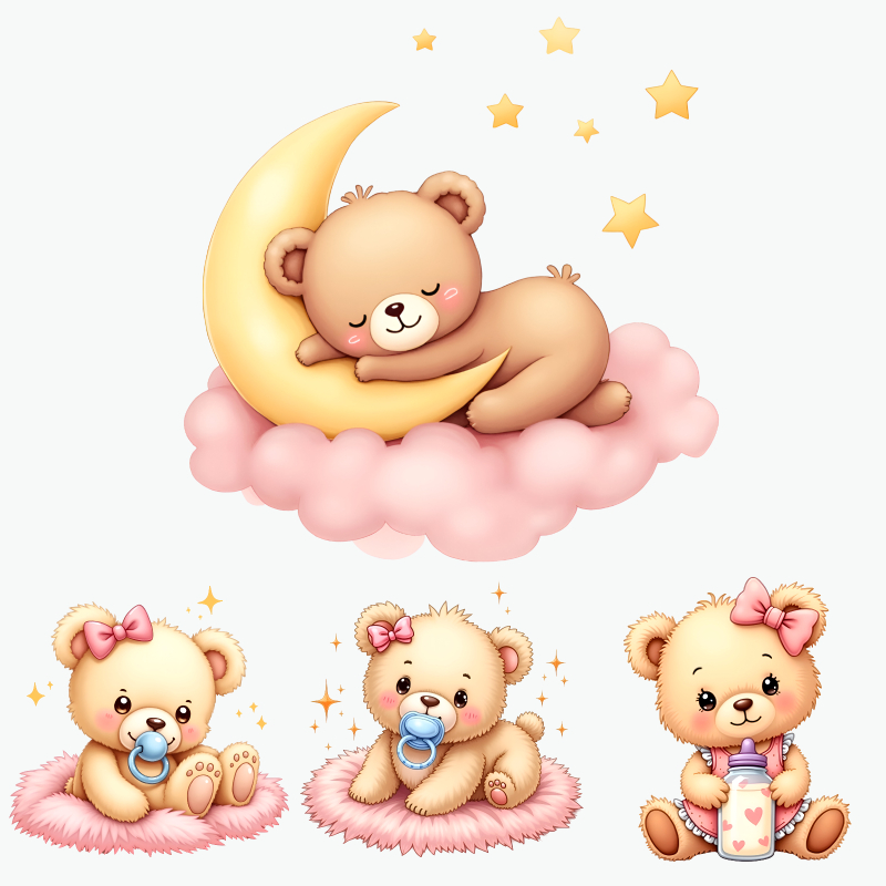 Baby Nursery Yellow - Schattige babybeer stickers set, zacht roze