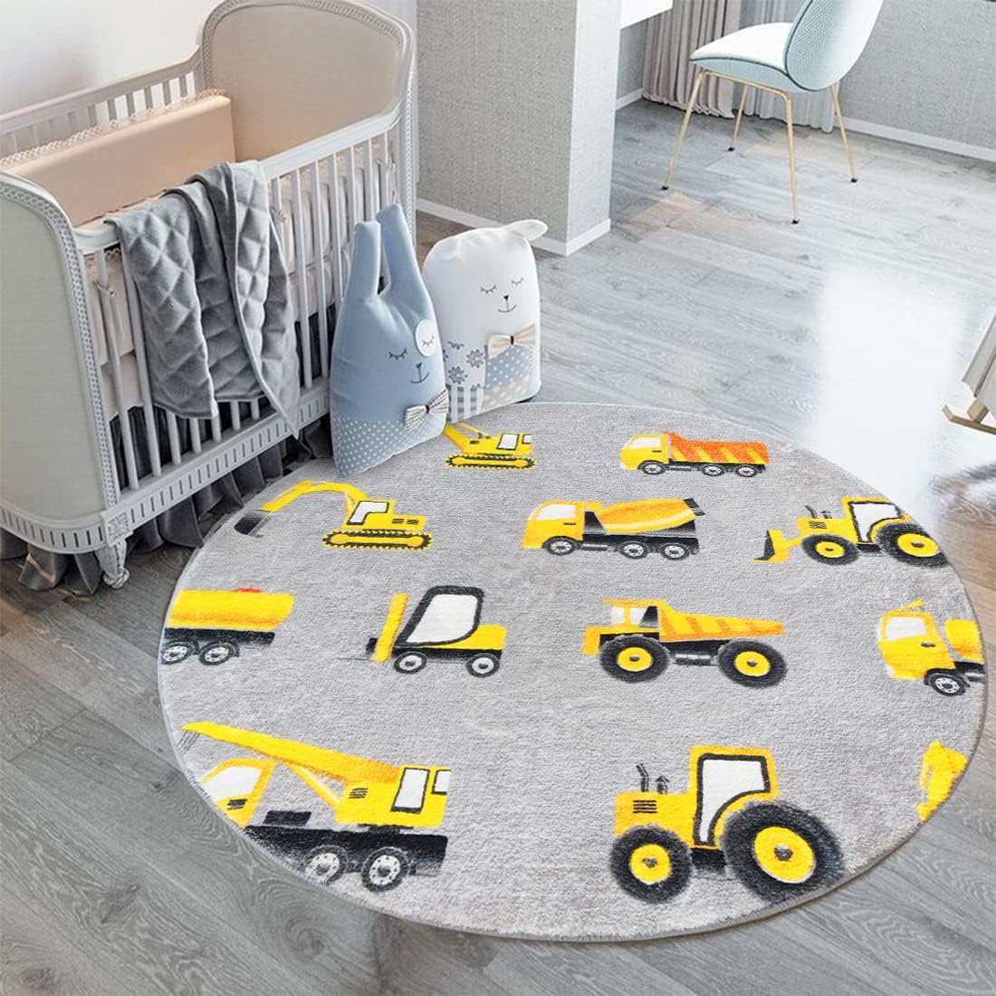 Baby Nursery Yellow - Grijs bouwvoertuig rond vloerkleed gele graafmachines