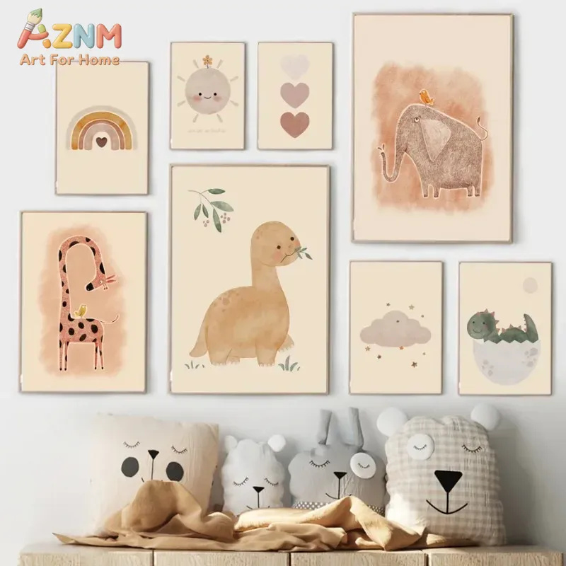 Baby Nursery Neutral - AZNM neutrale aquarel dinosaurus canvas wanddecoratie