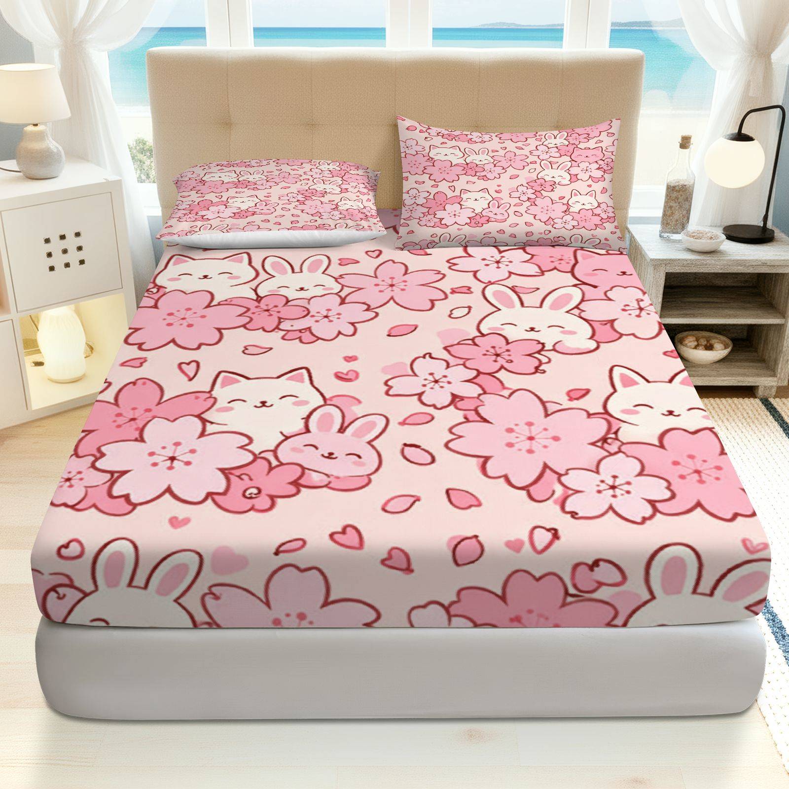 Baby Nursery Set - Sakura Rabbit Cat Beddengoedset, Ademend Polyester